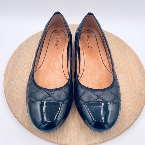 Vionic Desiree Shoes Womens 9.5 Black Leather Orthotic Quilted Ballet Flat Cap - Picture 2 of 10